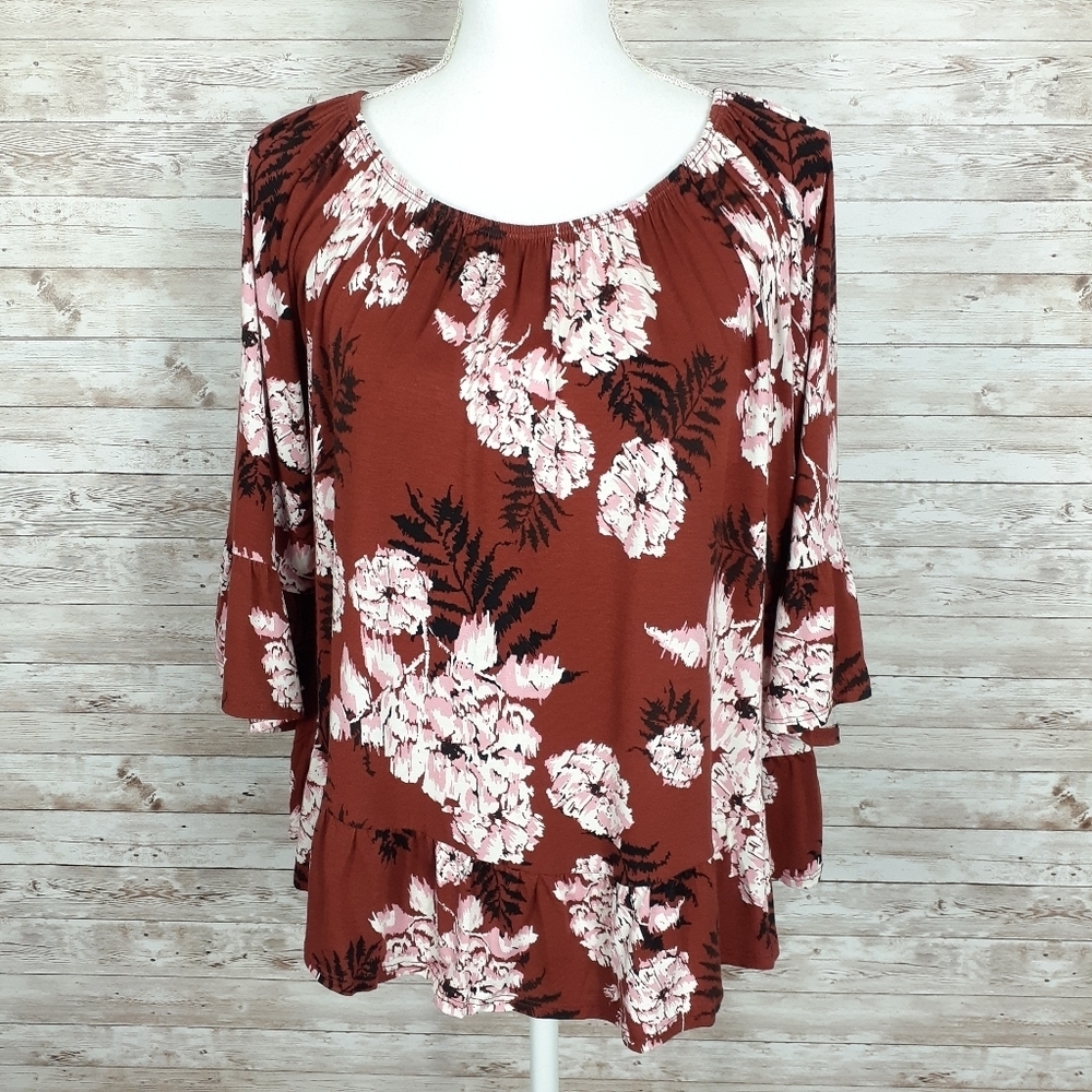 Style & Co Blouse M Top Copper Floral Boho 488